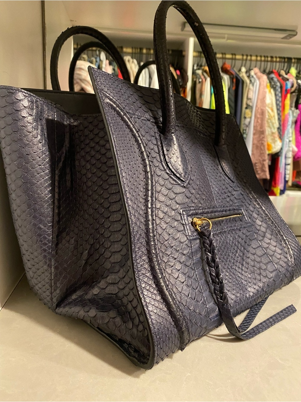 Celine Navy Python-Embossed Tote with Braided Tassel